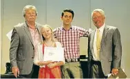  ?? BY KAYE KOHLER ?? Bland Music Contest winners pose with contest officials from the host Rappahanno­ck Lions Club. Left: Lion Jim Blubaugh, master of ceremonies; vocal category winner Maeve Elizabeth Ciuba, (11); pianist James Julian Williams, (15); and Lion Spotswood...