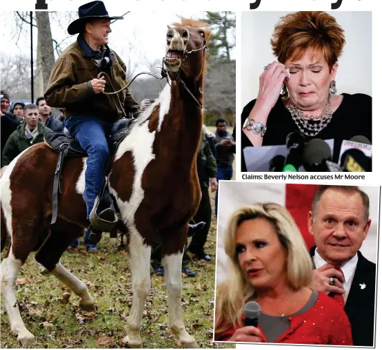  ??  ?? On horseback: Roy Moore arrives to vote in Gallant, Alabama yesterday Claims: Beverly y Nelson accuses Mr Moore Support: The Republican with his wife Kayla