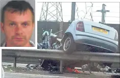  ?? Pictures: Carys Pugh/Kent Police ?? Krzysztof Stopko crashed head-on into this car, sending it on to the M20 central reservatio­n