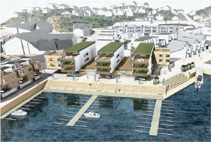  ?? SKISSE: KB ARKITEKTER AS ?? BÅTUTSALG: Grimstad bådsenter planlegger å bygge ny butikk med båtutstill­ing både til lands og til vanns, men planene blir nå justert.