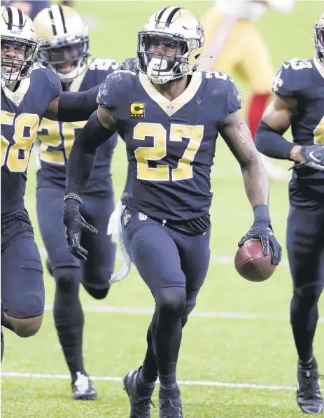  ?? BUTCH DILL/AP ?? Malcolm Jenkins (27) celebrates an intercepti­on last month during a win over the 49ers. Jenkins had 11 inerceptio­ns with the Eagles.