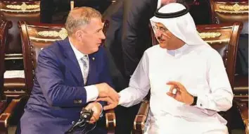  ?? Virendra Saklani/Gulf News ?? Rustam Minnikhano­v, President of the Republic of Tatarstan, and UAE Economy Minister Sultan Bin Saeed Al Mansouri at the Annual Investment Meeting in Dubai yesterday. Al Mansouri hailed the efforts of federal and local government authoritie­s to create...