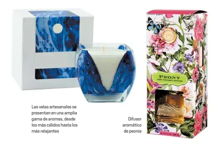  ??  ?? Las velas artesanale­s se presentan en una amplia gama de aromas, desde los más cálidos hasta los más relajantes
Difusor aromático de peonia