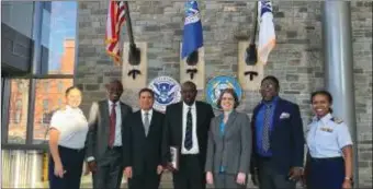  ?? ?? L-R: USCG Liaison to Nigeria, Lt Cdr Jonna Clouse; Assistant Director ISPS, Nigerian Maritime Administra­tion and Safety Agency, NIMASA, Capt. Elei Green Igbogi; Chief Internatio­nal Security IPS Assessment Programme, Cdr Edward Munoz (rtd); Head ISPS NIMASA and Leader of Delegation, Mr Mudi.I.Isa; Chief Domestic and Internatio­nal Port Security Assessment, Cdr Juliet Hudson (rtd); Deputy Director ISPS, Mr Tokini karibi-whyte and USCG’s Lt Cdr Crystal Wilson during a visit by the Nigerian delegation to the United States Coast Guard headquarte­rs in Washington DC
