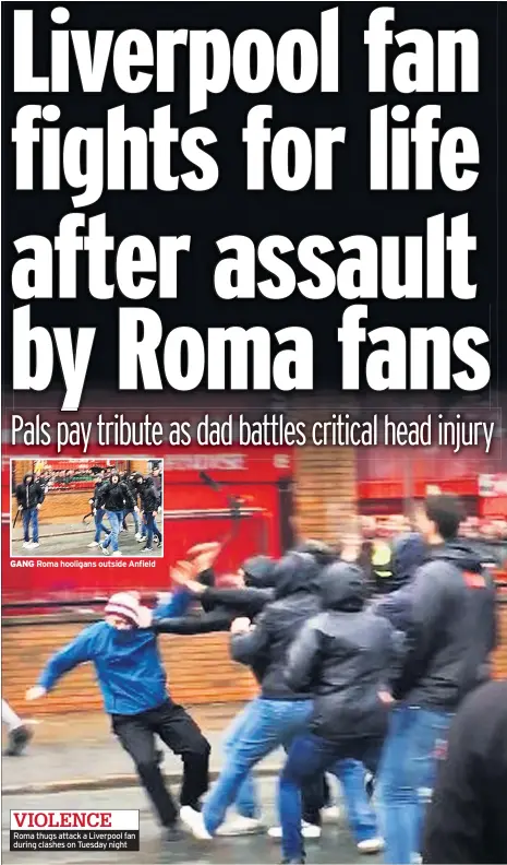  ??  ?? Roma thugs attack a Liverpool fan during clashes on Tuesday night