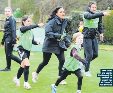  ??  ?? Alex Scott and Jamie Redknapp join children to launch the McDonald’s Fun Football