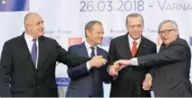  ?? — Reuters ?? Bulgaria’s Prime Minister Boyko Borissov, European Council President Donald Tusk, Turkish President Tayyip Erdogan and European Commission President Jean-claude Juncker pose following a news conference at Euxinograd residence near Varna, Bulgaria.