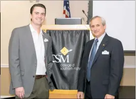  ?? CSM PHOTO BY VALERIE NYCE ?? Tommy Luginbill, left, director of CSM’s Entreprene­ur and Innovation Institute, and CSM President Brad Gottfried pose for a picture.