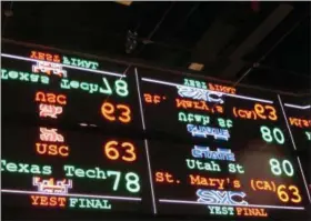  ?? WAYNE PARRY - THE ASSOCIATED PRESS ?? This Nov. 20, 2018photo shows a scrolling video board with basketball scores reflected in the ceiling of the new sports book at Resorts Casino in Atlantic City, N.J. Figures released on Dec 12, 2018show New Jersey’s sports betting market is closing in on the $1billion mark, with about $928million having been wagered in less than six months of operation.