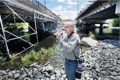  ?? WAYNE CUDDINGTON/OTTAWA CITIZEN ?? Birder Bruce Di Labio searches for barn swallows at the Jockvale Road bridge site on Thursday. There were two nests, but no swallows.