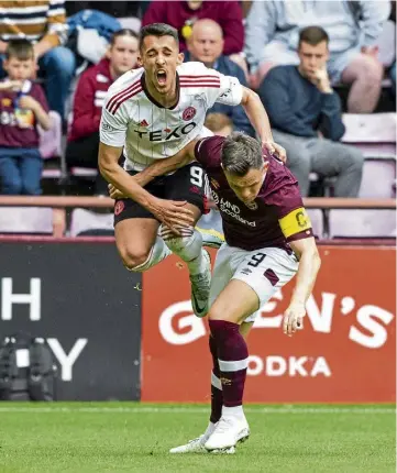  ?? ?? Strikers Bojan Miovski and Lawrence Shankland clash during the vital fixture.