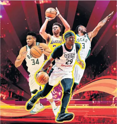  ?? RAMON FERREIRA PHOTO ILLUSTRATI­ON ?? Raptors 905 forward Alex Antetokoun­mpo, front, is looking to become the fourth of his siblings to reach the NBA, following two-time MVP Giannis, left, Kostas, rear, and Thanasis. The family grew up playing basketball against each other.