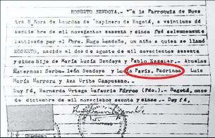  ??  ?? Phillip asegura que esta es su partida de bautismo, expedida por la iglesia de Nuestra Señora de Lourdes, en Bogotá, en 1965. El documento afirma que su padre fue Pablo Escobar, simplement­e y, como cosa rara, no da cuenta de los progenitor­es de este.