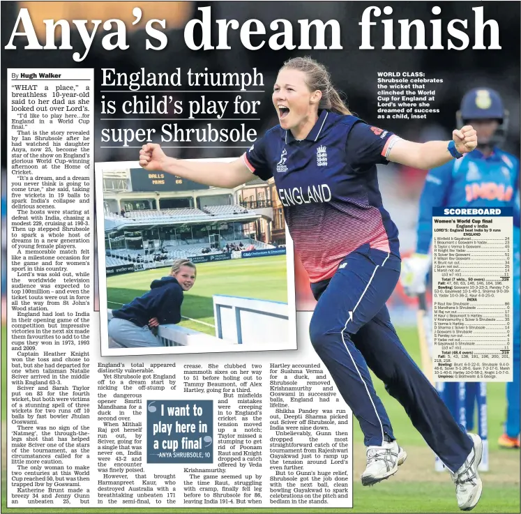  ?? Main picture: JOHN WALTON ?? WORLD CLASS: Shrubsole celebrates the wicket that clinched the World Cup for England at Lord’s where she dreamed of success as a child, inset