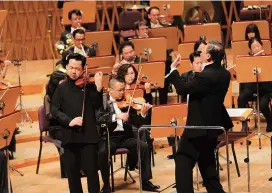  ?? — Ti Gong ?? Violinist Ning Feng (left) performs masterpiec­es of Edouard Lalo and Mahler at the final concert of the Shanghai Symphony Orchestra’s 2020-21 season.