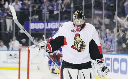  ?? FRANK FRANKLIN II / THE ASSOCIATED PRESS ?? Goalie Craig Anderson reacts after Rangers’ Oscar Lindberg scored during the second period of Game 4. New York won 4-1 to tie the series and turn it into a best-of-three, with Game 5 set for Saturday at 3 p.m. at the Canadian Tire Centre.