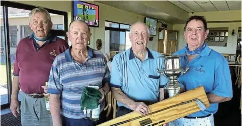  ??  ?? MANY YEARS OF GOLF: The 1820s Championsh­ip 2020 winners, from left, Wolly Wolmerans (3rd), Dallas Cowie (2nd) and overall winner John Feather with Dudley Kieser, one of the nearest the pins winners. The 1820s group thanked Craig and Lesley Theunissen from Spar for their generous sponsorshi­p, as well as the Royal Port Alfred Golf Club