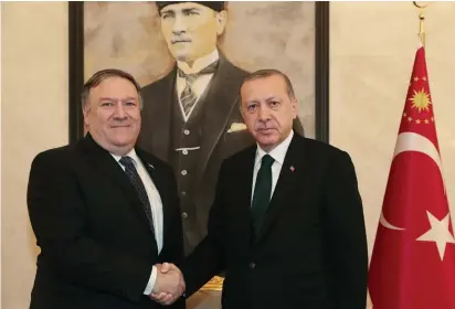  ?? (Reuters) ?? TURKISH PRESIDENT Recep Tayyip Erdogan meets with US Secretary of State Mike Pompeo yesterday at Esenboga Internatio­nal Airport in Ankara.