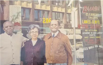  ??  ?? Herbert Brown, left, and Estelle Brown, centre, stand with Herbert’s brother in front of one of the Brown’s Cleaners in a family photo. The Browns often welcomed new immigrants to Ottawa and those with Caribbean or African origins found guidance from...