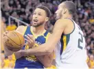  ?? RICK BOWMER/ASSOCIATED PRESS ?? Golden State’s Stephen Curry, left, have been blowing opponents out, but the TV ratings for the NBA playoffs are up.