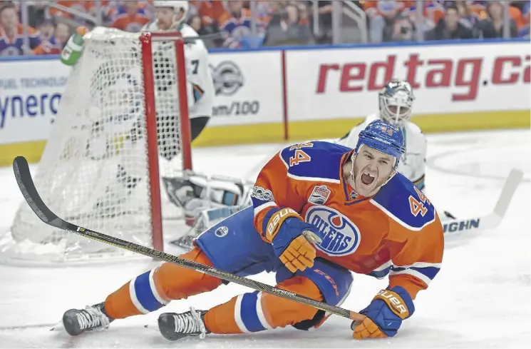  ?? SHAUGHN BUTTS ?? Oilers forward Zack Kassian falls after missing the net against Martin Jones of the San Jose Sharks at Rogers Place. Kassian did have a goal though, in a 2-0 Edmonton win.