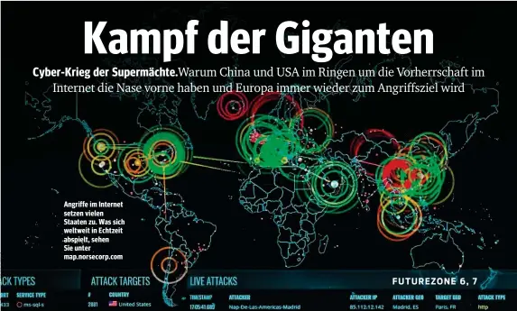  ??  ?? Angriffe im Internet setzen vielen Staaten zu. Was sich weltweit in Echtzeit abspielt, sehen Sie unter map.norsecorp.com