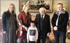  ??  ?? Jack O’Shea pictured with his parents Michelle and Sean and President Higgins and Sabina Higgins at the Aras last year.