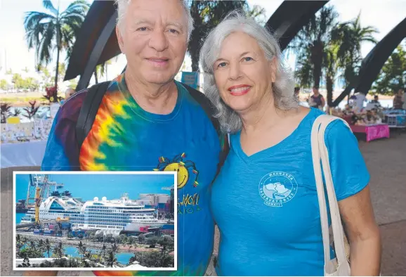  ?? OFF TO MAGGIE: Bart Prievey and Sharon Withrow after disembarki­ng from the cruise ship ( yesterday. Pictures: ANDREW BACKHOUSE, ALIX SWEENEY ?? Seabourn Encore inset)