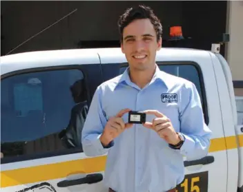  ??  ?? Proof Engineers civil engineer Jordan Handel with a Road Condition Monitor (left) and Dustective (right).