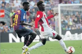  ?? FOTO: PEP MORATA ?? Velocidad Williams, con Dembélé, en el partido de la primera vuelta