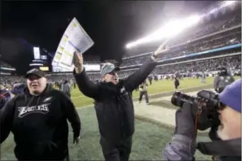  ?? MATT ROURKE — THE ASSOCIATED PRESS ?? Eagles head coach Doug Pederson celebrates after Saturday’s win over the Atlanta Falcons at Lincoln Financial Field. Philadelph­ia won, 15-10.