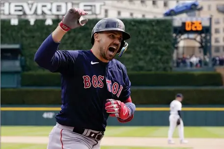  ?? CARLOS OSORIO — THE ASSOCIATED PRESS — Bruce ?? Boston’s Adam Duvall reacts after scoring on his three-run home run during the sixth inning of a 6-3 win over the Detroit Tigers. : Is there any hope that the Red Sox will make an aggressive move to bring Shohei Ohtani to Boston?