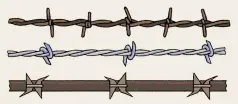  ??  ?? Three early barbed wire designs: top, Joseph Glidden’s original 1874 patent; middle, one made by Jacob Haish and patented in 1875; bottom, Isaac Ellwood’s design utilizing wire tape with stapled rather than twisted points.