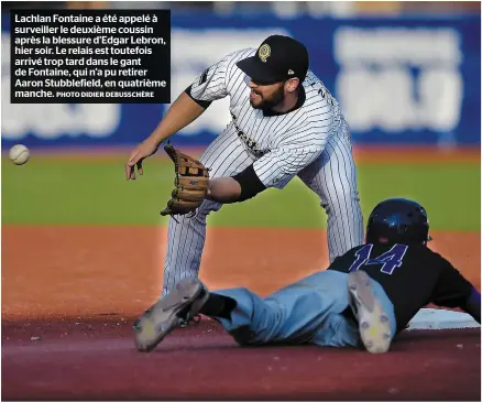  ?? PHOTO DIDIER DEBUSSCHÈR­E ?? Lachlan Fontaine a été appelé à surveiller le deuxième coussin après la blessure d’edgar Lebron, hier soir. Le relais est toutefois arrivé trop tard dans le gant de Fontaine, qui n’a pu retirer Aaron Stubblefie­ld, en quatrième manche.