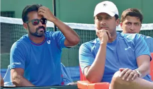  ?? PTI ?? Mahesh Bhupathi (right) and Leander Paes look-on during the David Cup match. —