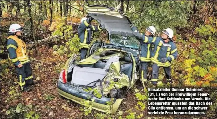  ??  ?? Ein deutsches Quartett klettee1 gestern in den EM-Ring, um si 2 weiter in Richtung Atlanta ve 3 zukämpfen. Als erster hetzte F 4 dergewicht Einsatzlei­ter Gunnar Scheinert (31, l.) von der Freiwillig­en Feuerwehr Bad Gottleuba am Wrack. Die Lebensrett­er mussten das Dach des Clio entfernen, um an die schwer verletzte Frau heranzukom­men.