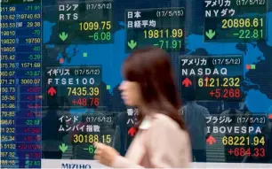  ?? AFP ?? A quotation board at a securities company in Tokyo on Monday. Japan’s Nikkei 225 stock index slipped 0.1 per cent, falling back after early gains. —