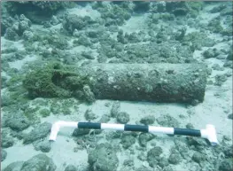  ??  ?? A suspected unexploded ordnance rests on the ocean floor off the coast of Lanai.