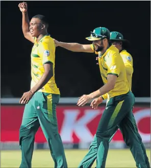  ?? Picture: AFP ?? KNOCKING ‘EM DOWN: South Africa’s Lungi Ngidi celebrates taking a wicket during the second T20 Internatio­nal against Sri Lanka at the Wanderers