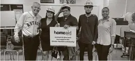  ?? Courtesy of HomeAid ?? Left to right: Jim “Mattress Mack” McIngvale, WorkTexas founder; Cinthia Sandoval, WorkTexas graduate; Jose and Alexis Rodriguez, father and son WorkTexas graduates; and Davina Cunningham, HomeAid America.