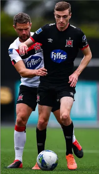  ??  ?? Daniel Kelly, right, in action against Dane Massey during a Dundalk training match at Oriel Park