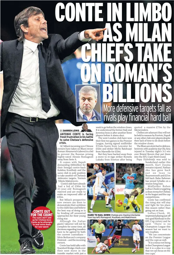  ??  ?? CONTE OUT FOR THE COUNT The sums don’t add up for Chelsea boss Conte as he attempts to seal some deals for new talent HARD TO NAIL DOWN Chelsea are chasing (clockwise from top left) Romagnoli, Koulibaly and Maksimovic