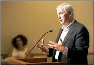  ?? NWA Democrat-Gazette/ANDY SHUPE ?? Roy Decker, principal with Duvall Decker Architects in Jackson, Miss., speaks Wednesday during a public input session at the Springdale City Administra­tion Building about plans to improve the city administra­tion building and police department.