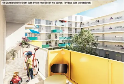  ??  ?? Alle Wohnungen verfügen über private Freifläche­n wie Balkon, Terrasse oder Mietergärt­en.