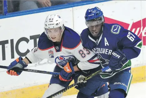  ?? NICK PROCAYLO ?? Vancouver Canucks prospect Jordan Subban battles Edmonton Oilers’ prospect Matt Benning during NHL Young Stars Classic action at the South Okanagan Events Centre in Penticton on Friday. Subban knows the comparison­s to his famous brother P.K. Subban...