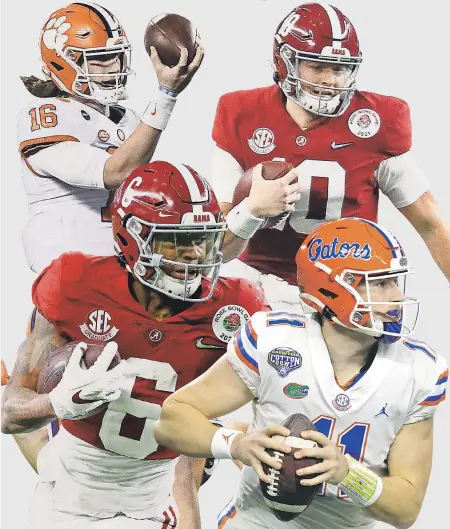  ?? TRASK BY TIM HEITMAN/ USA TODAY SPORTS; DEVONTA SMITH BY GARY COSBY/ USA TODAY SPORTS ?? CLOCKWISE FROM UPPER LEFT: TREVOR LAWRENCE BY KEN RUINARD/ USA TODAY SPORTS; MAC JONES BY GARY COSBY/ USA TODAY SPORTS; KYLE