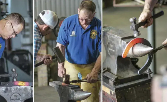  ??  ?? FROM LEFT: Mark Milster stops what he's doing to offer Drew a bucket of grain. Each shoe Milster works on is handcrafte­d for the particular horse he's shoeing. Because Drew is a Cyldesdale and requires larger, heavier front shoes, Milster has brought...