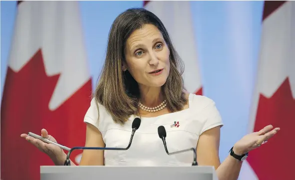  ??  ?? Foreign Minister Chrystia Freeland has her hands full with the renegotiat­ion of the North American Free Trade Agreement. Canada’s manufactur­ers have one important request to top all others — ‘do no harm,’ write Dennis Darby and Andrew Wynn-Williams —...