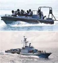  ??  ?? File pictures of a boat ferrying a boarding team (top) and KD Perdana (below) in an exercise.