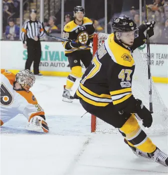  ?? AP PHOTO ?? LIGHT THE LAMP: Torey Krug (47) celebrates after beating Philadelph­ia Flyers goalie Michal Neuvirth (left) in the second period of the Bruins’ 6-3 win yesterday.